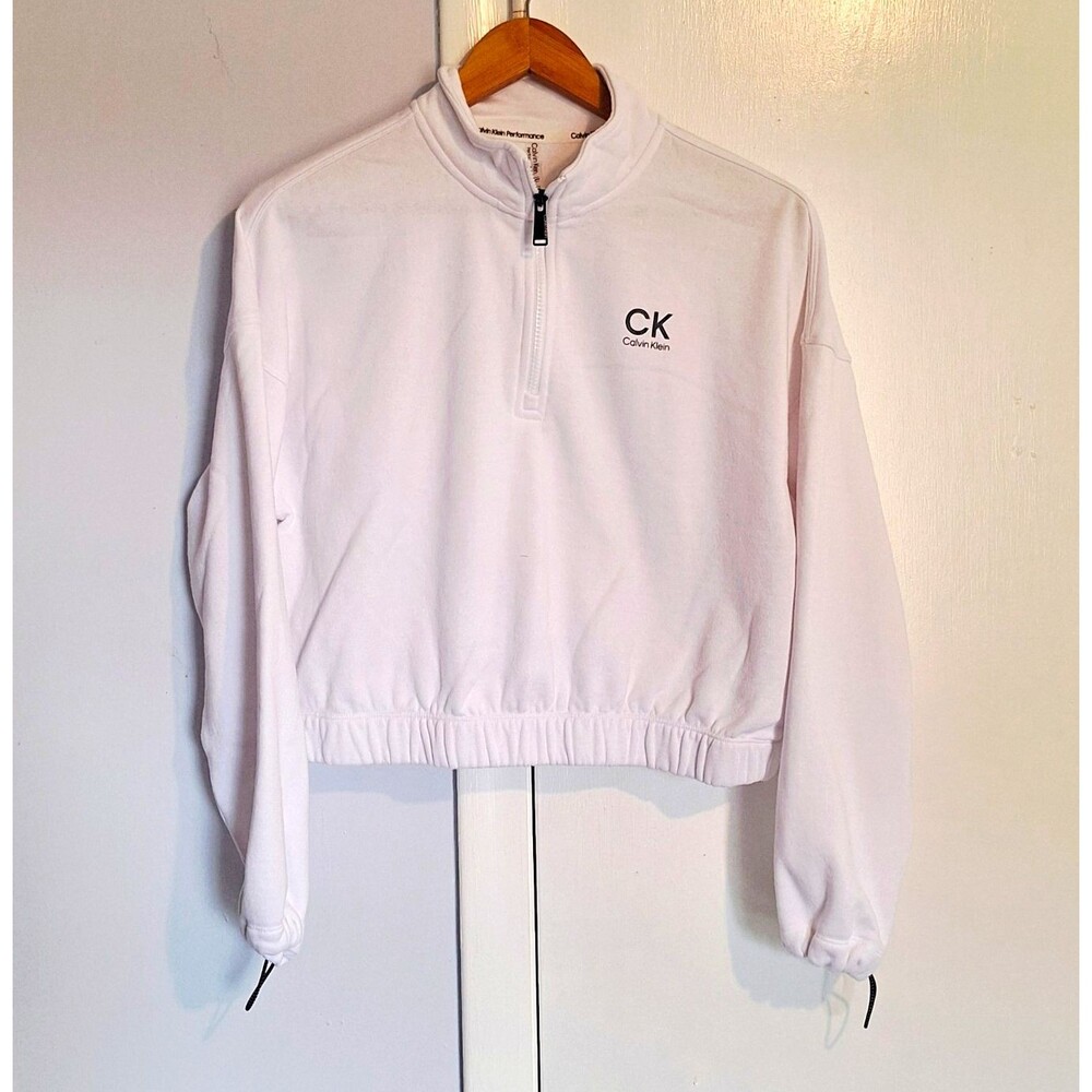 Calvin Klein Performance White 1/4 Zip Logo Cropped Sweatshirt Women Size Medium